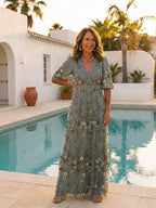 Leila | V-Neck Floral Sheer Sleeve Maxi Dress