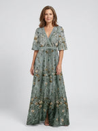 Leila | V-Neck Floral Sheer Sleeve Maxi Dress