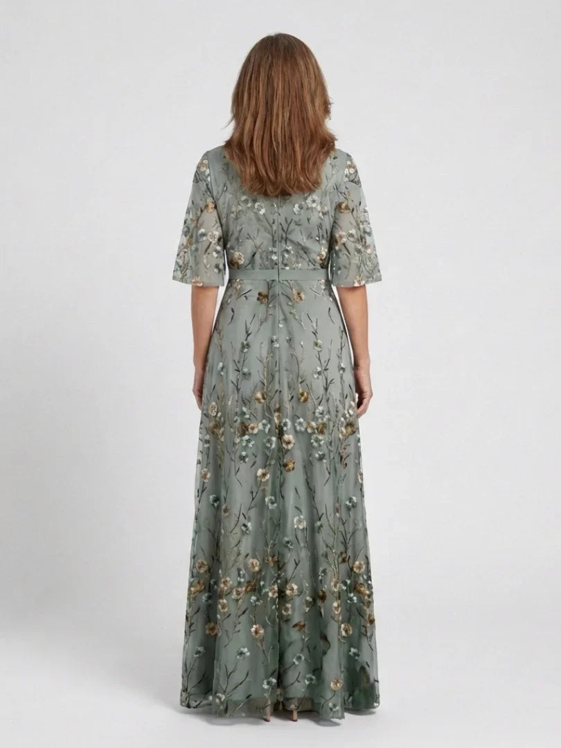 Leila | V-Neck Floral Sheer Sleeve Maxi Dress