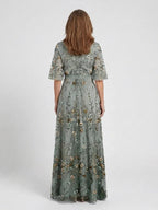 Leila | V-Neck Floral Sheer Sleeve Maxi Dress