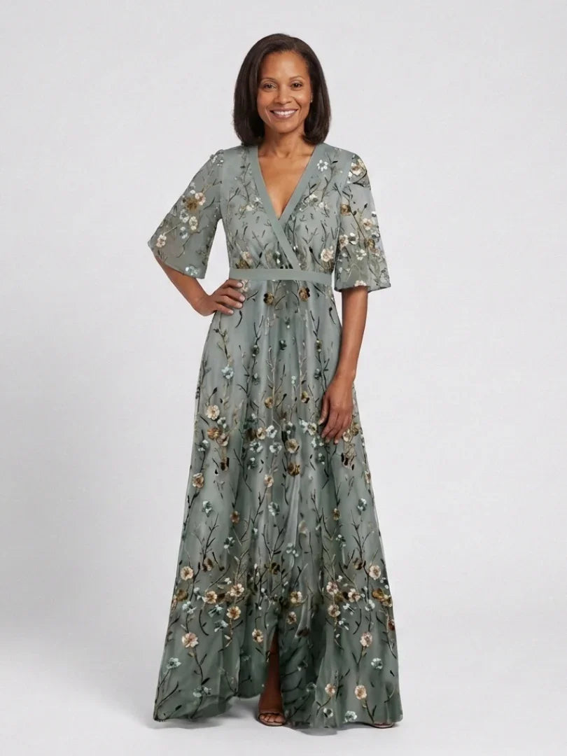 Leila | V-Neck Floral Sheer Sleeve Maxi Dress