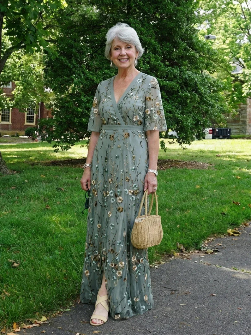 Leila | V-Neck Floral Sheer Sleeve Maxi Dress