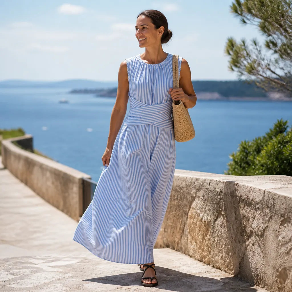 Veda | Sleeveless Striped Wrap-Waist Maxi Dress