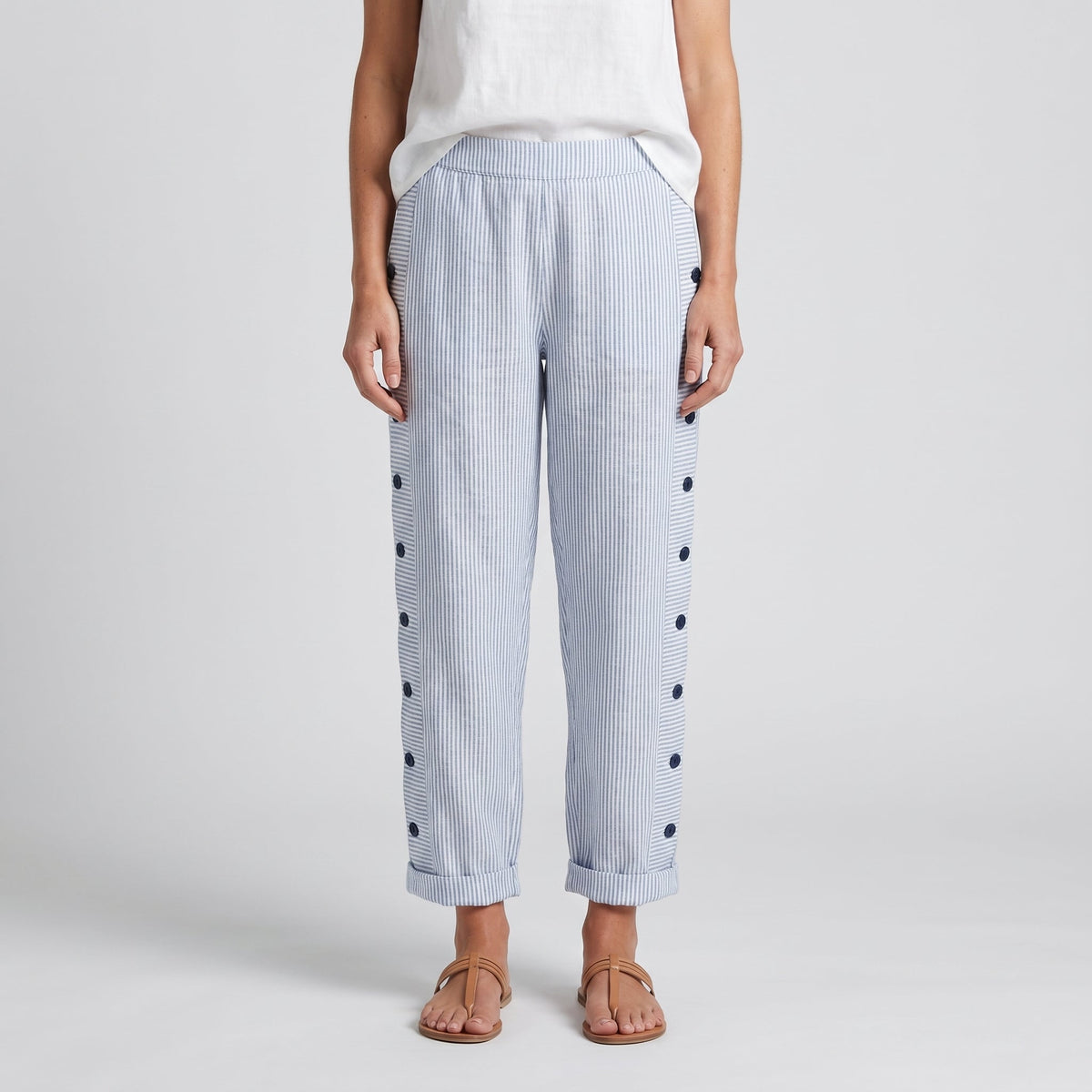 Roxanne | Pinstripe Trousers With Button Panel