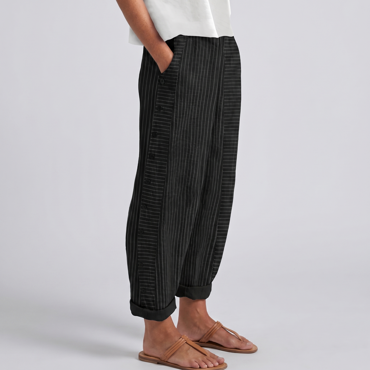 Roxanne | Pinstripe Trousers With Button Panel