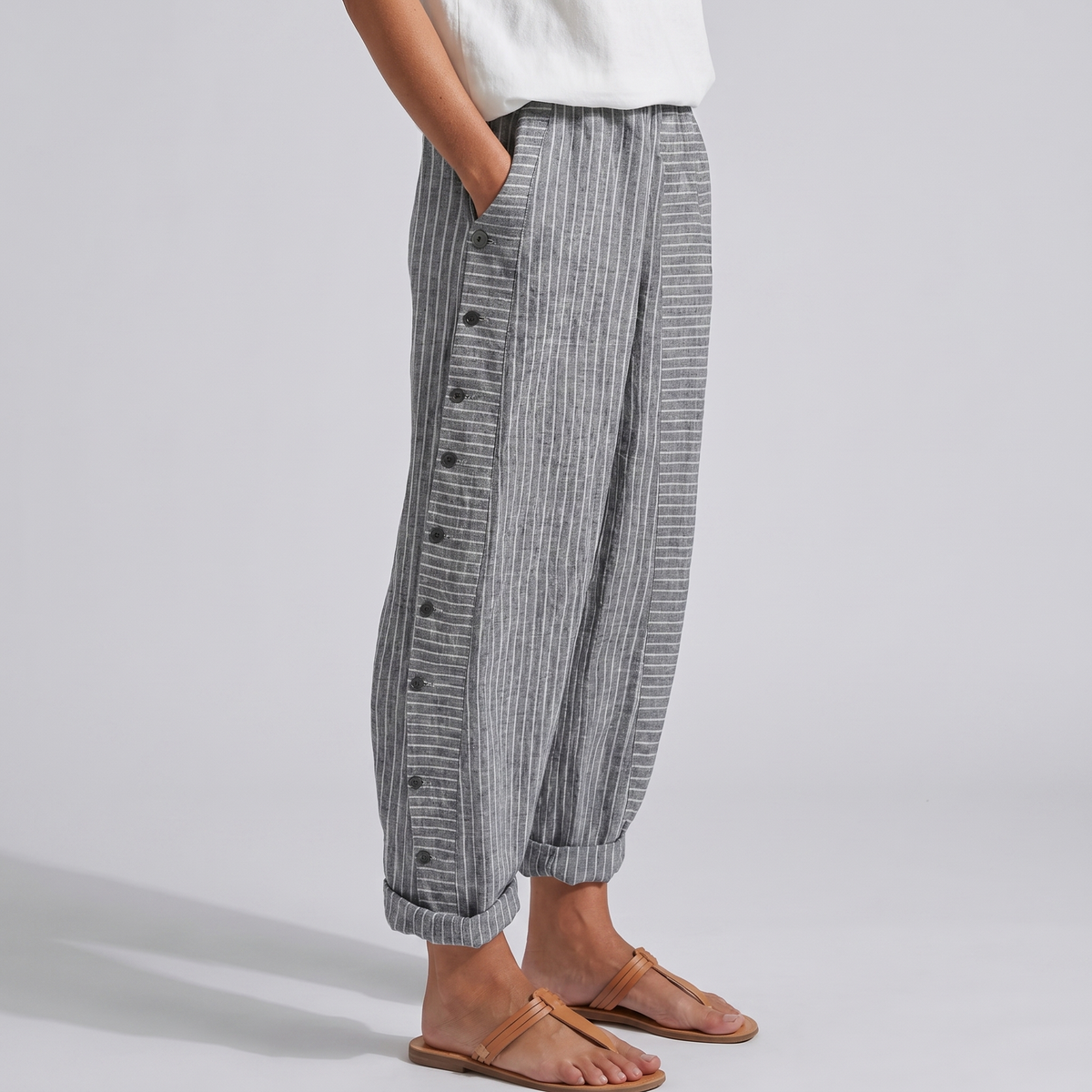 Roxanne | Pinstripe Trousers With Button Panel